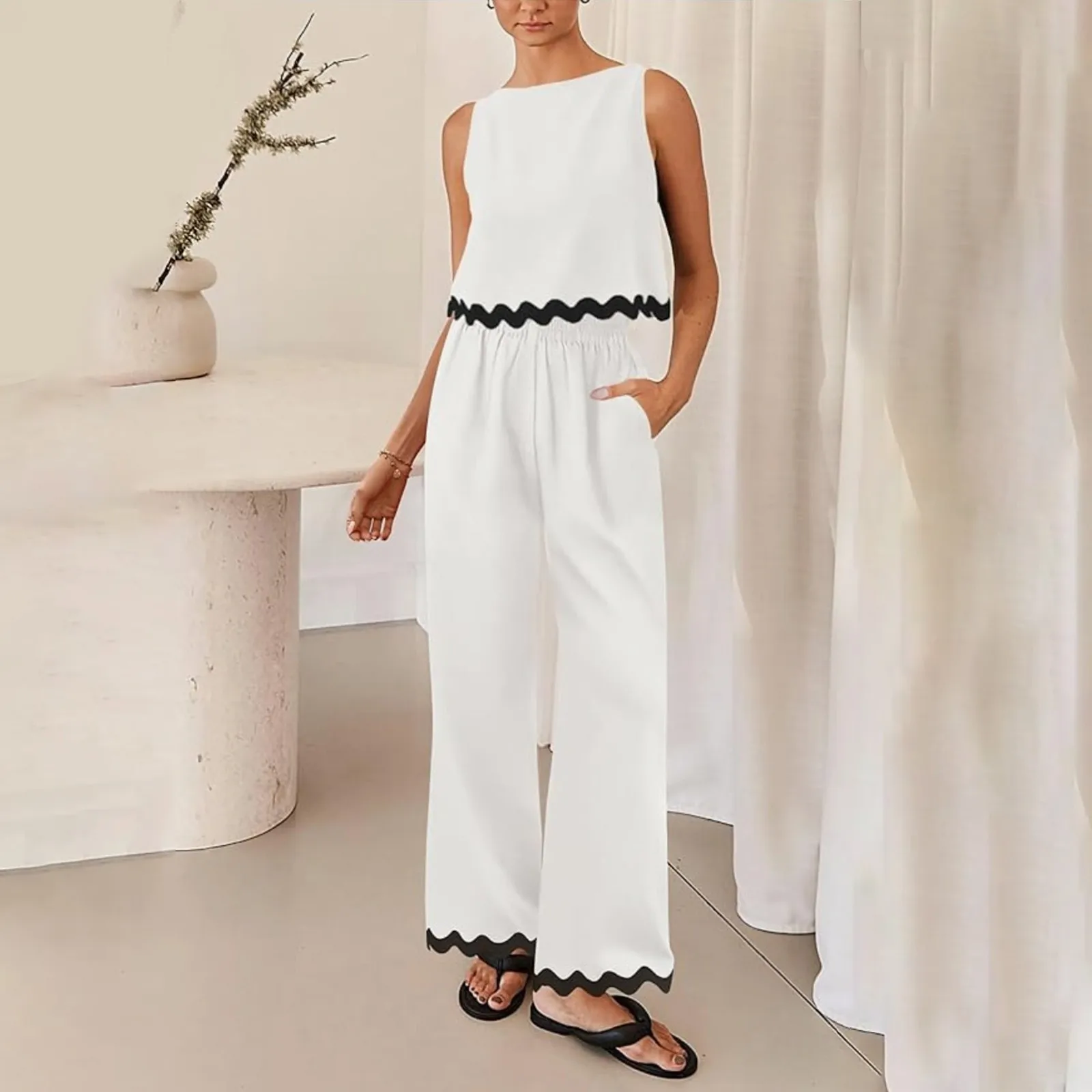 

Women Tops Wide Leg Pants Suit Sleeveless Tank Vest Crop Tops Straight Leg Wide Leg Trousers Two Piece Outfits Summer Homewear