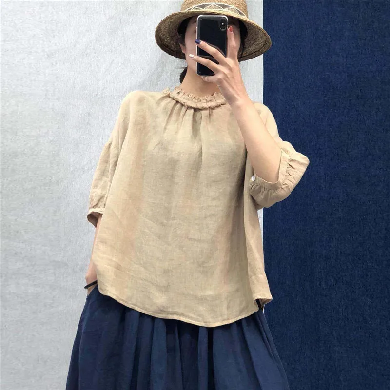 

Johnature New Vintage Solid Color Linen Ruffles Half Sleeve Womens Tops And Blouses 2024 Summer Loose Casual Female Shirts