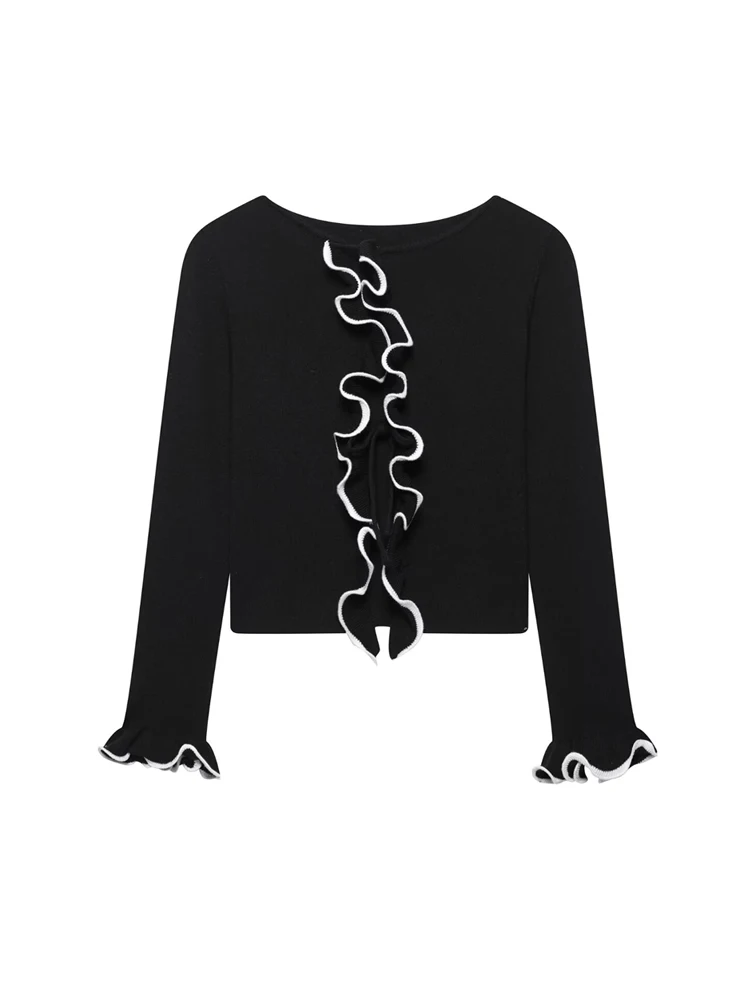 

Outerwear Top Women's Fashion Ruffle Cropped Knit Cardigan Sweater Long Sleeve Front Bow Tied Chic