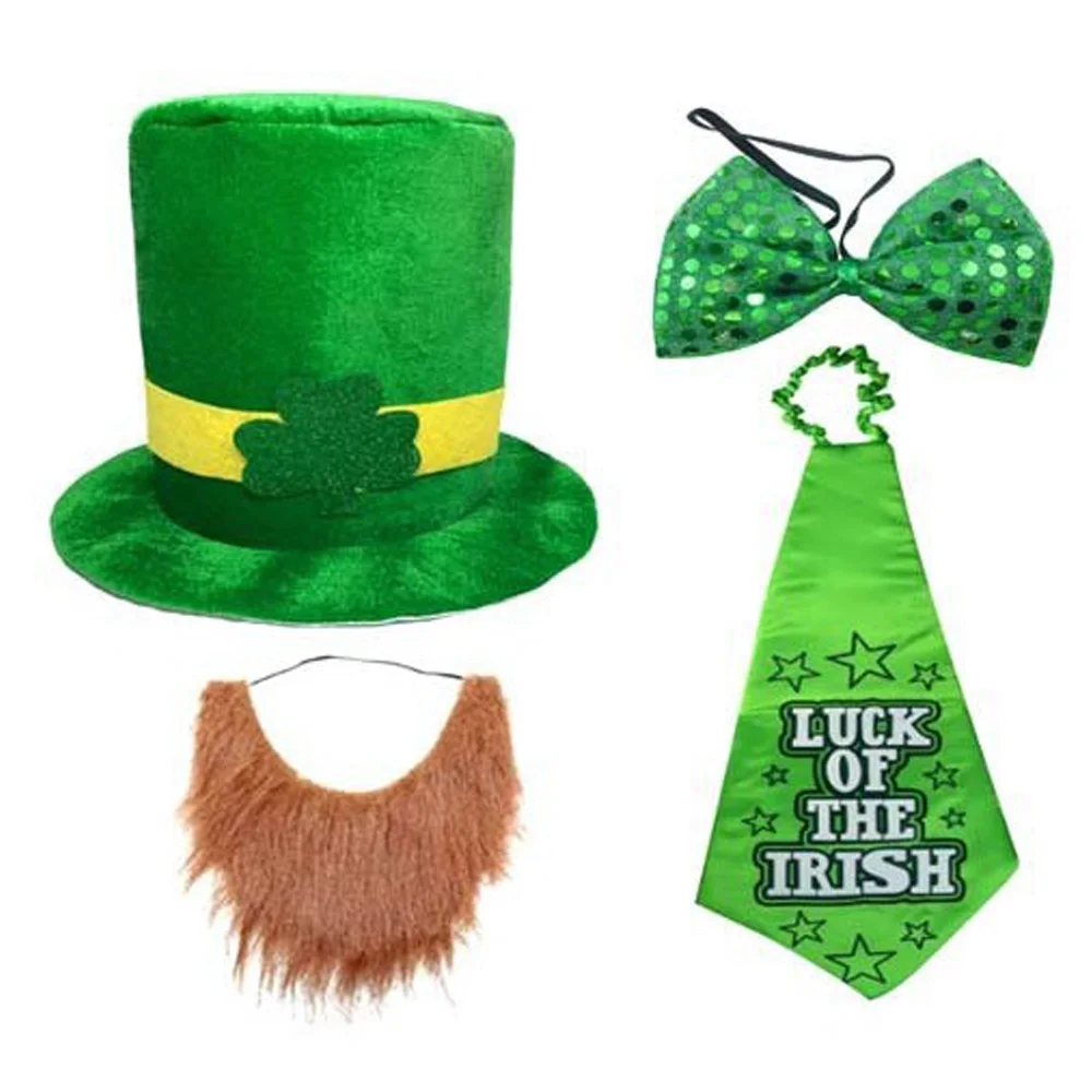 St.Patrick's Day Green Hat Tie Beard Cosplay Irish Festival Shamrock Top Hats Suit Carnival Halloween Party Costume Props