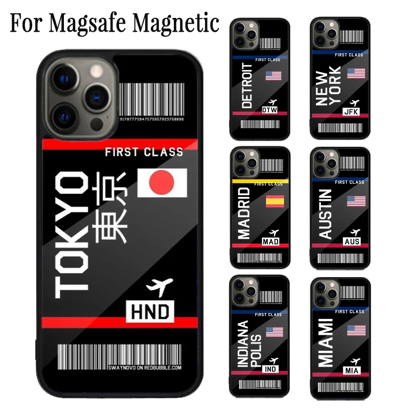 Traveltickets BOARDING PASS New York TOKYO Magnetic Phone Case For iPhone 16 15 14 Plus 13 12 11 Pro Max Magsafe Wireless