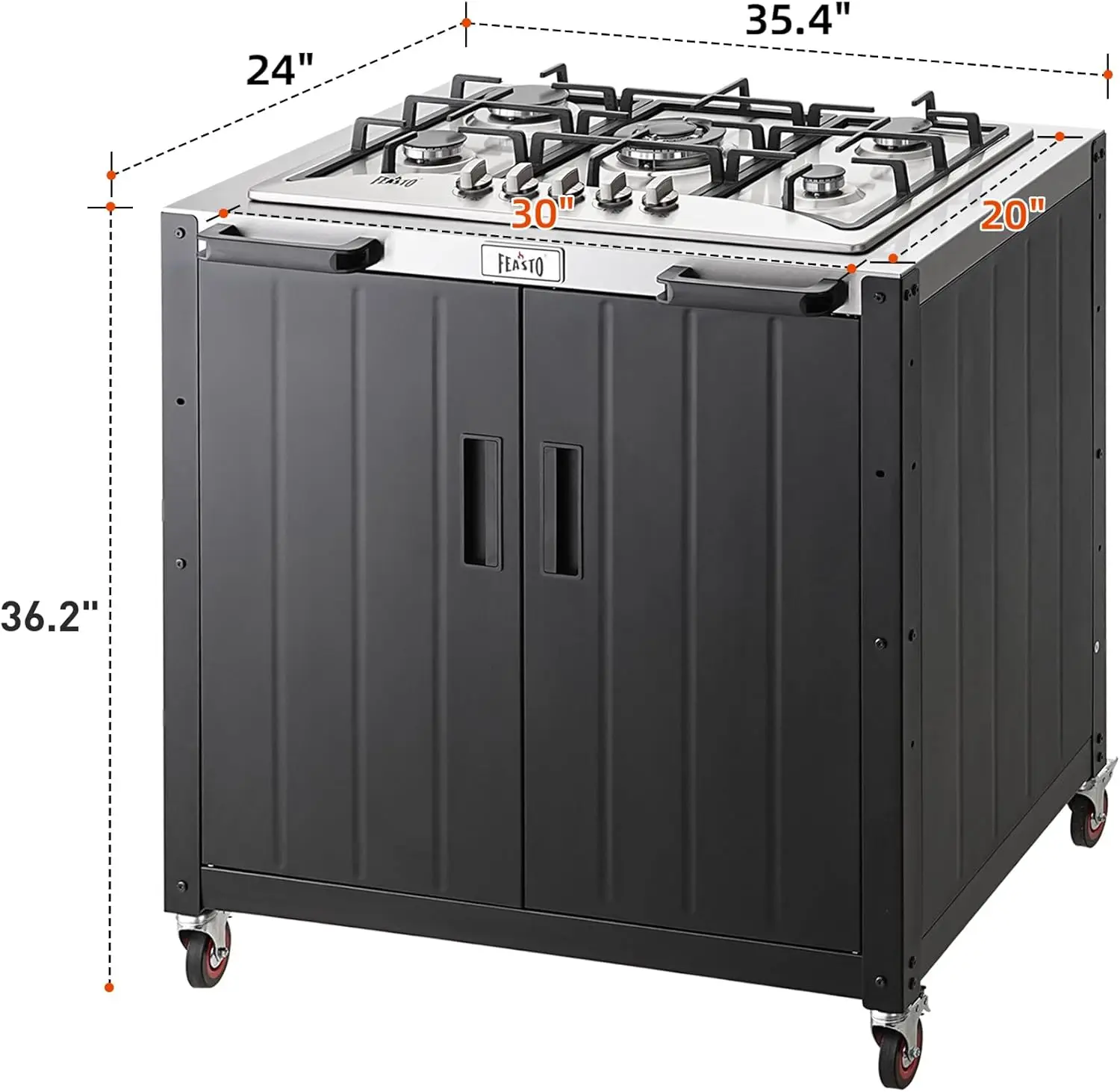 Movable Outdoor Gas Stove Stainless Steel Top with Cabinet, 5 Burners with 36,200 BTUs, Outdoor Propane Grill for Outdoor Cookin