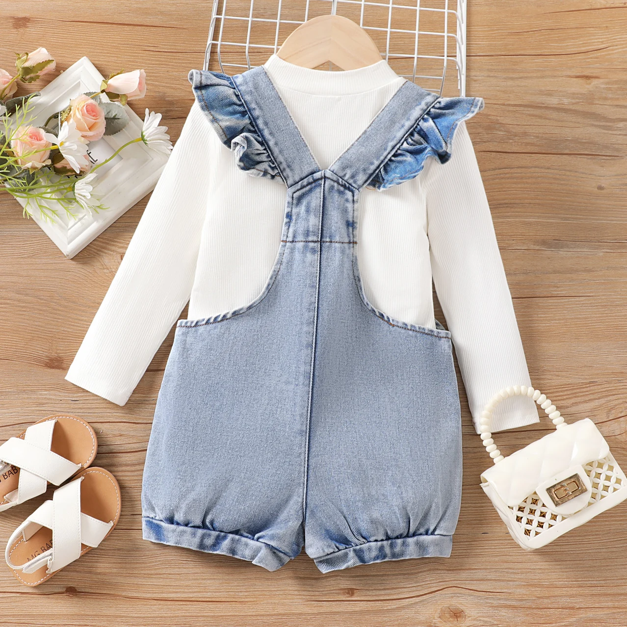 PatPat 2pcs Toddler Girl Long-sleeve Top and Denim Overall Romper Set