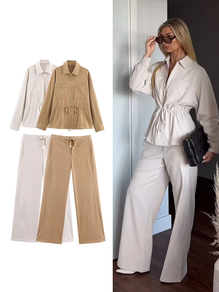 

2025 Новые женские широкие брюки, комплект из 2 предметов, куртка на молнии с длинными рукавами и карманами, брюки на шнуровке с высокой талией, повседневная женская одежда