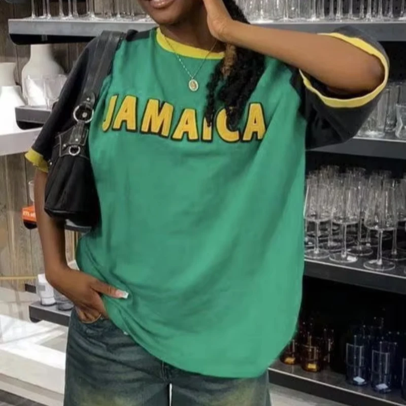Women\'s Summer 2024 Y2K Jersey Large Long Short Sleeve T-shirt  New High Quality Pattern Printed Jamaica Fashion T-shirt