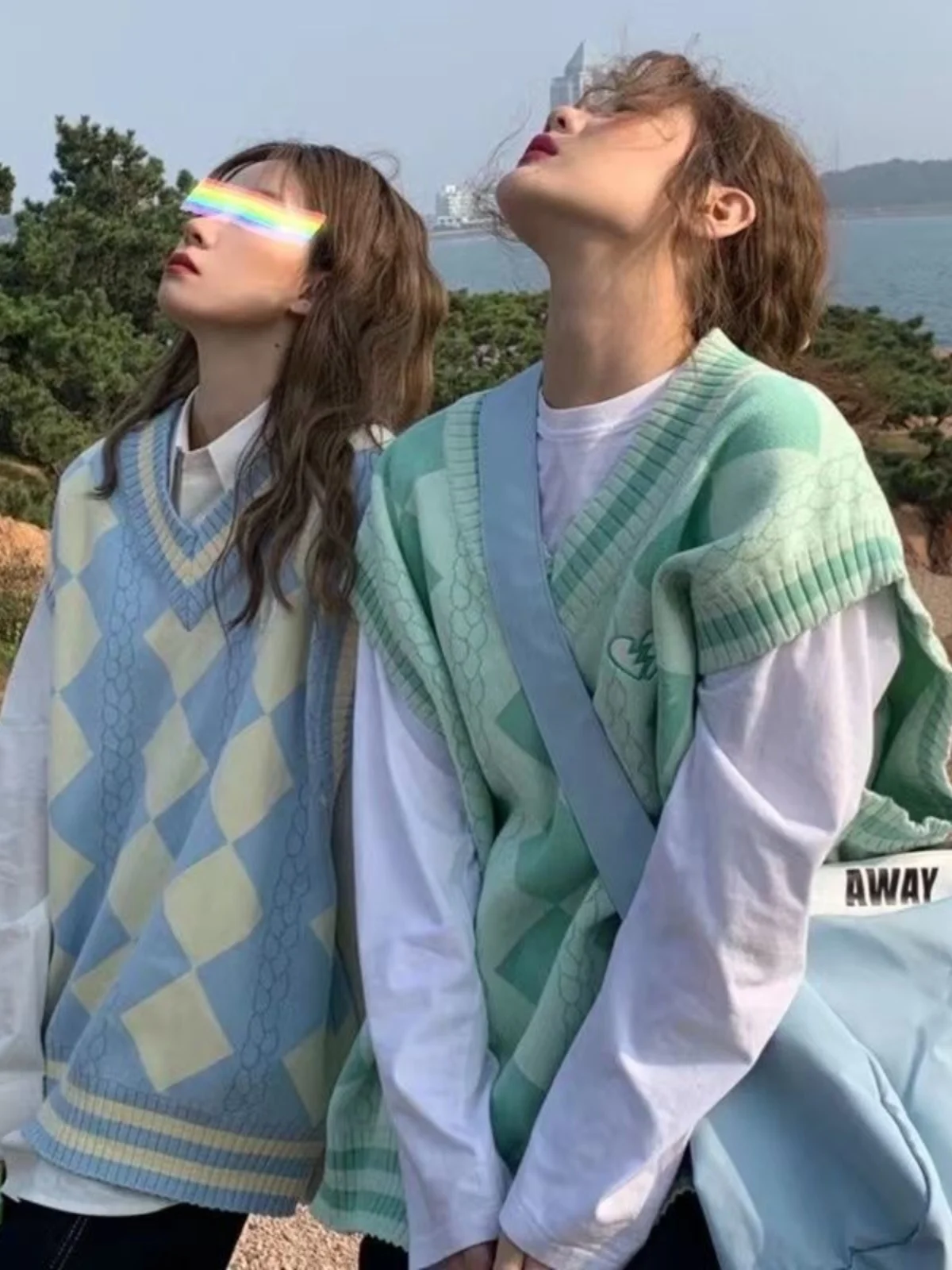 

Sweet Knitted Vest Set Women's Korean Loose Plaid Svel Sweater Vest Two-Piece Trendy College Sle V-Ne Warmth Heating