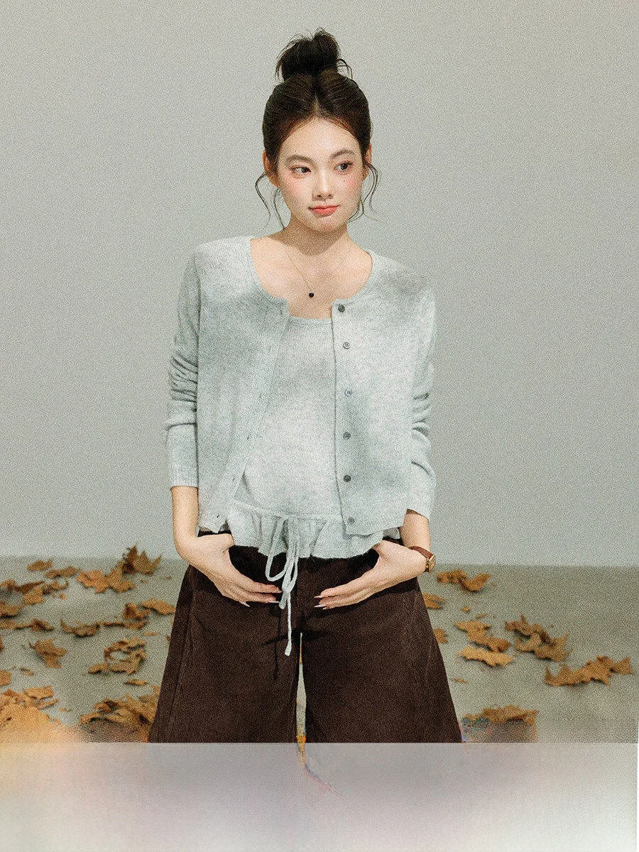 

Linyunyun ey Knitted Cardigan And Tank Top Two-Piece Set Dstring Women's Faion Casual Sle Soft Wool Blend Long Sve