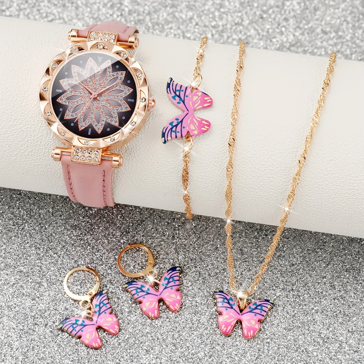 5pcs/set Glamorous Womens Watch - Sparkling Rhinestone Flower Quartz - Durable PU Leather Wrist Watch & Jewelry Set