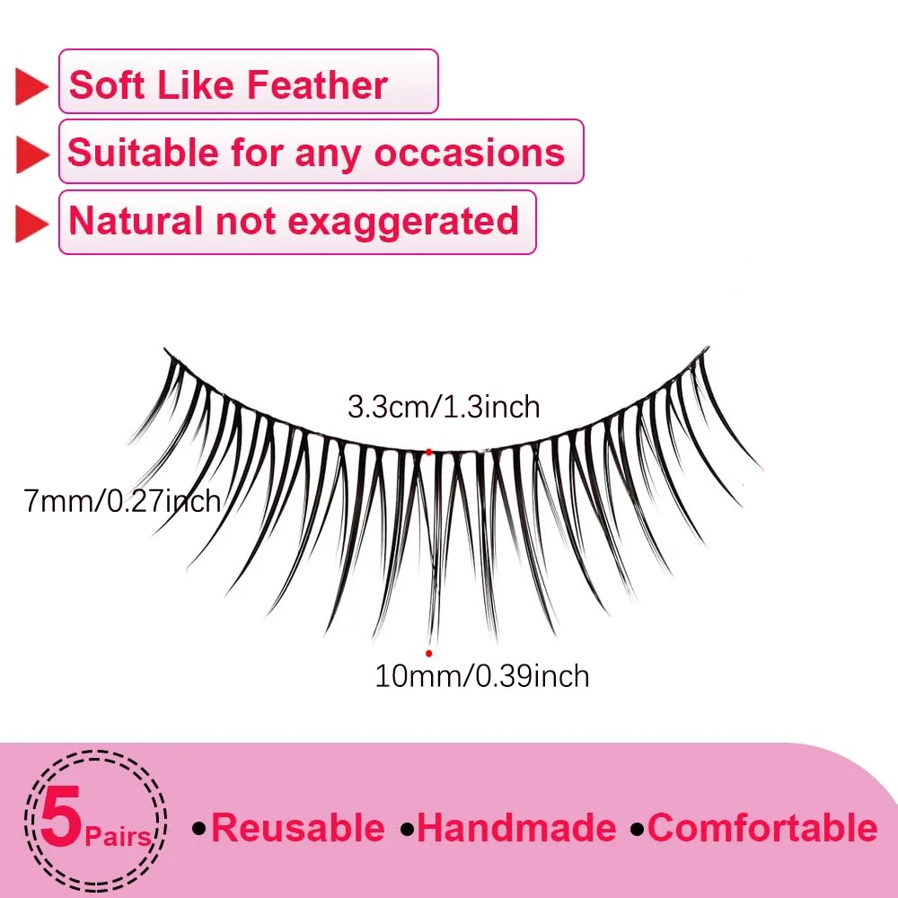 5 paia ciglia finte ciglia finte striscia giornaliera croce nera fascia sottile 7-10mm fumetto manga ciglia arricciate naturali forma cosplay L