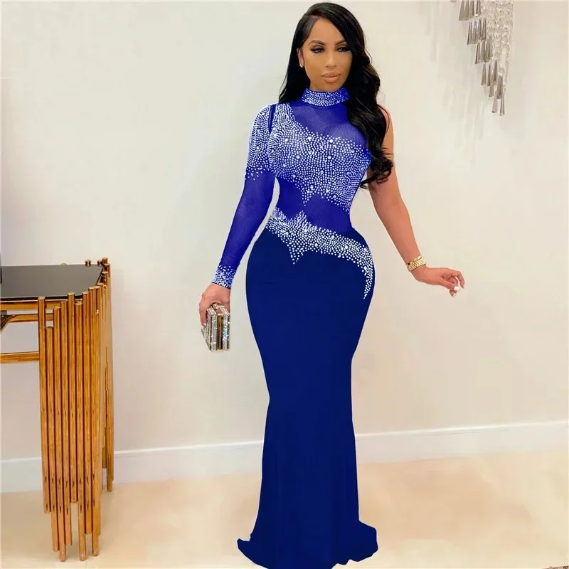 

Сексуальное облегающее платье макси с кристаллами и стразами, женское свадебное вечернее сетчатое платье с одним рукавом, прозрачные лоскутные вечерние клубные платья