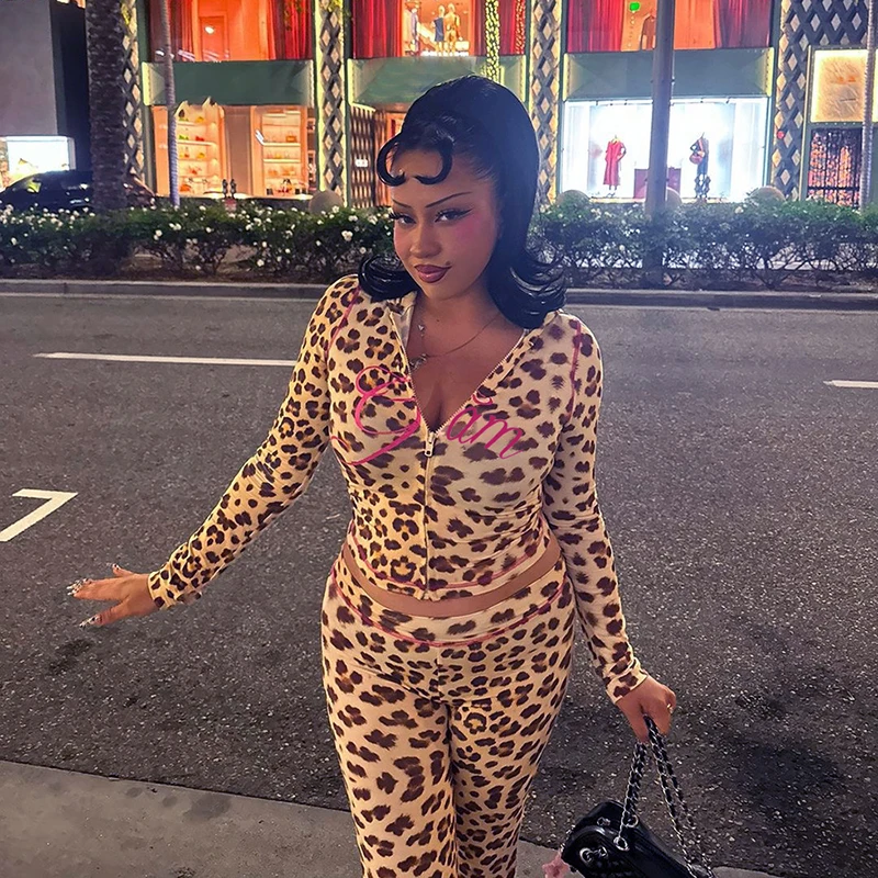 Women Tracksuit Leopard Letter Print 2 Piece Set Sporty Casual Hooded Crop Jacket+Flare Pants Stretch Matching Suits