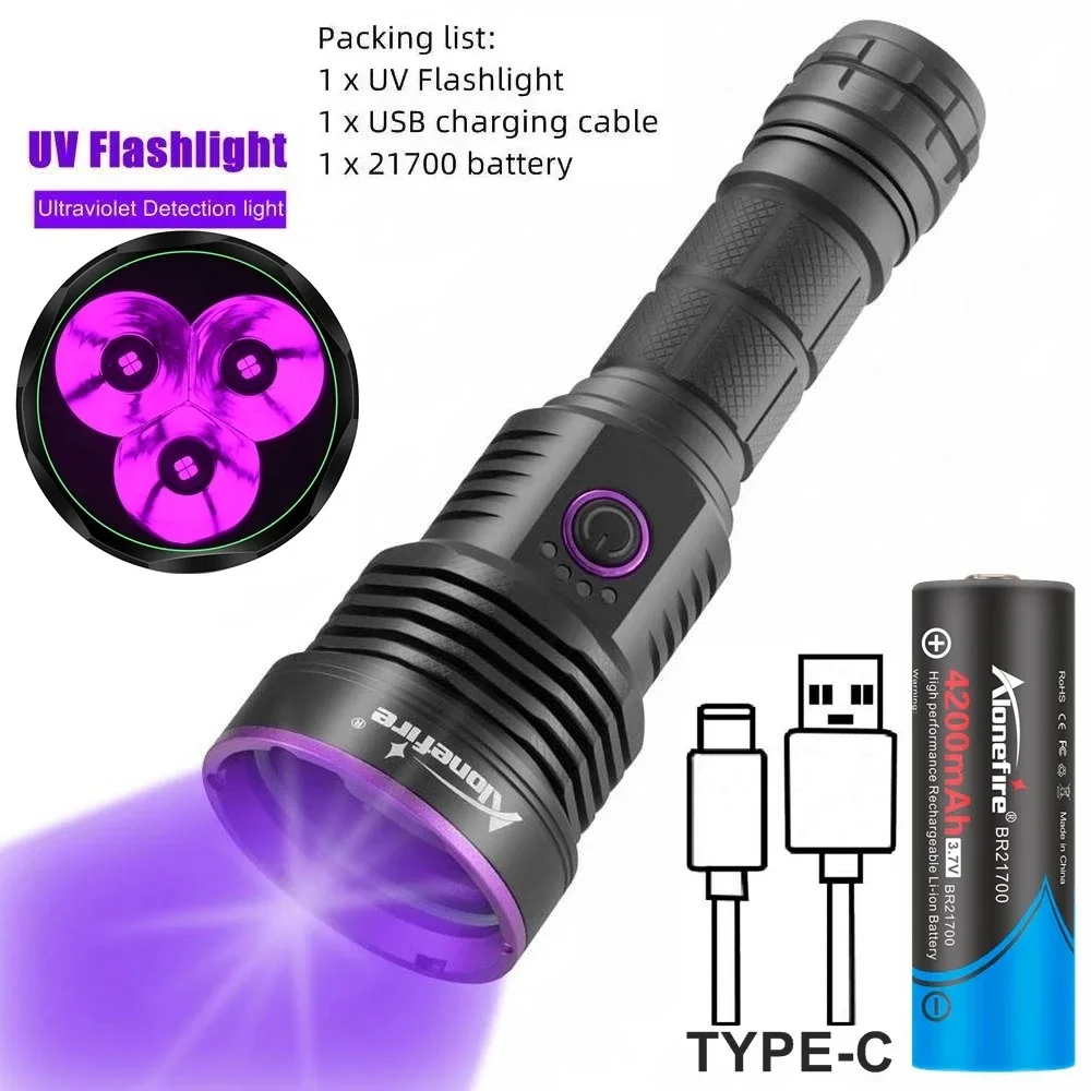 

Мощный перезаряжаемый УФ-фонарь Alongfire 3x365нм 60Вт, фиолетовый фонарь на аккумуляторе 21700 для обнаружения мочи, с функцией Power Bank