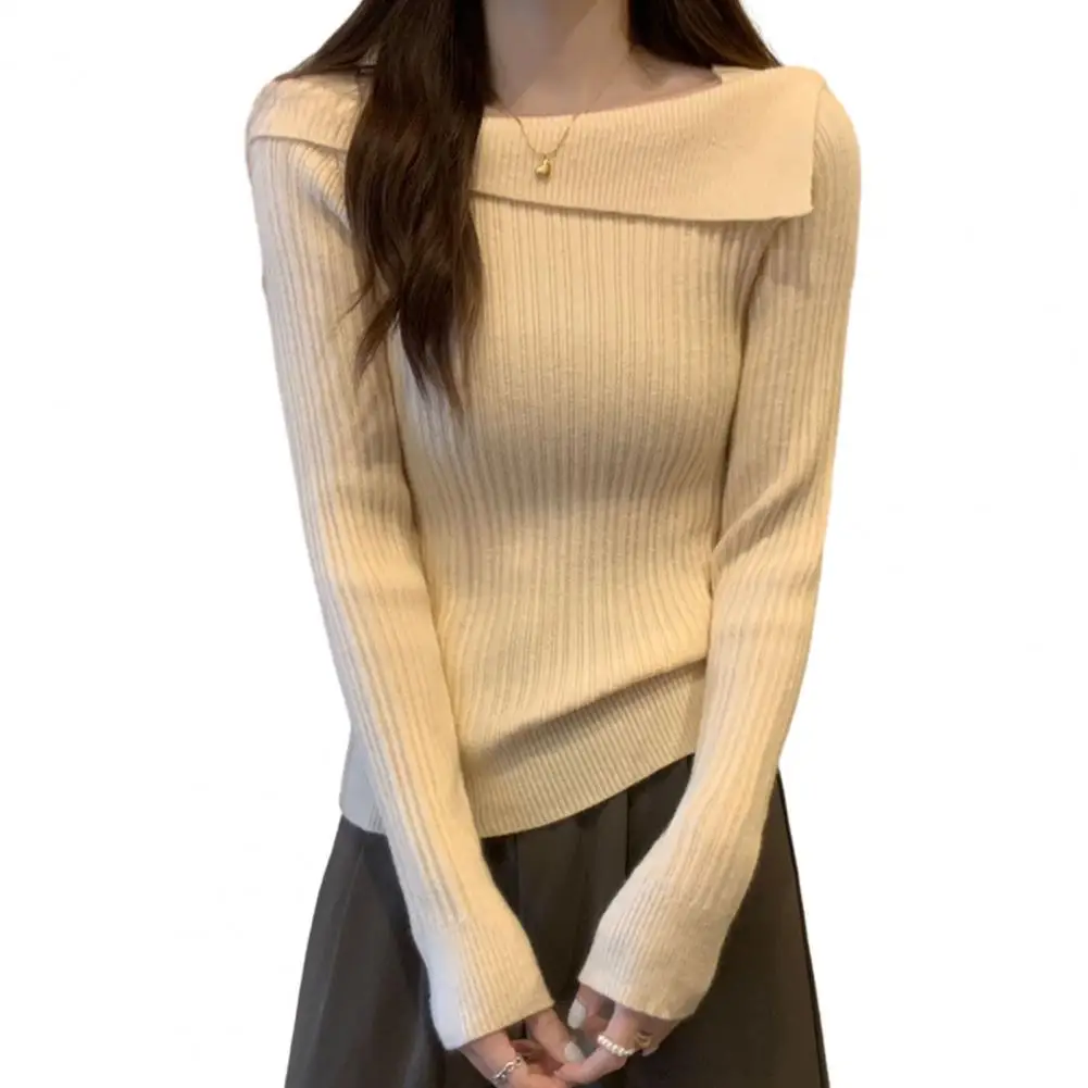 

Женский топ с асимметричным вырезом лодочкой, теплый вязаный пуловер с длинным рукавом, облегающая блузка