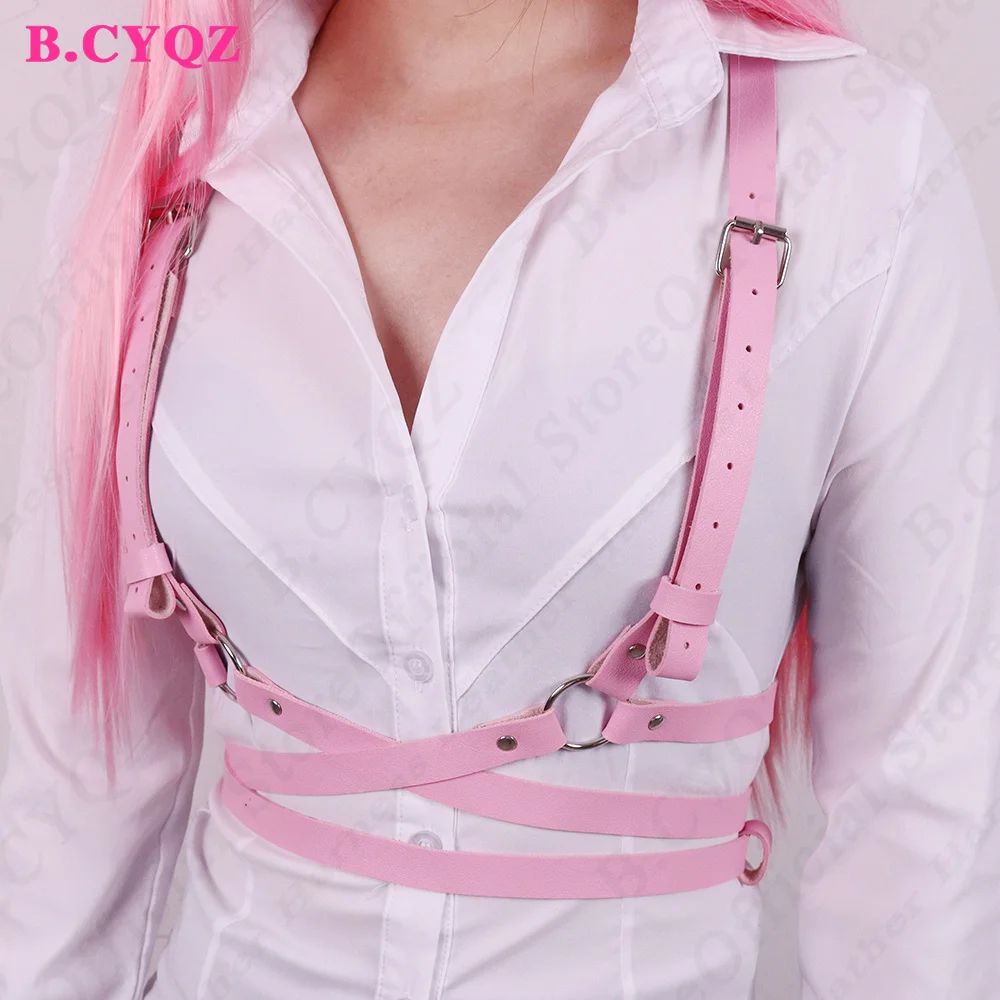 Sexy Pink PU Leather Harness Belt Fashion Chest Harness Bondage Suspenders Women Goth Lingerie Fetish Clothing Rave Accessories