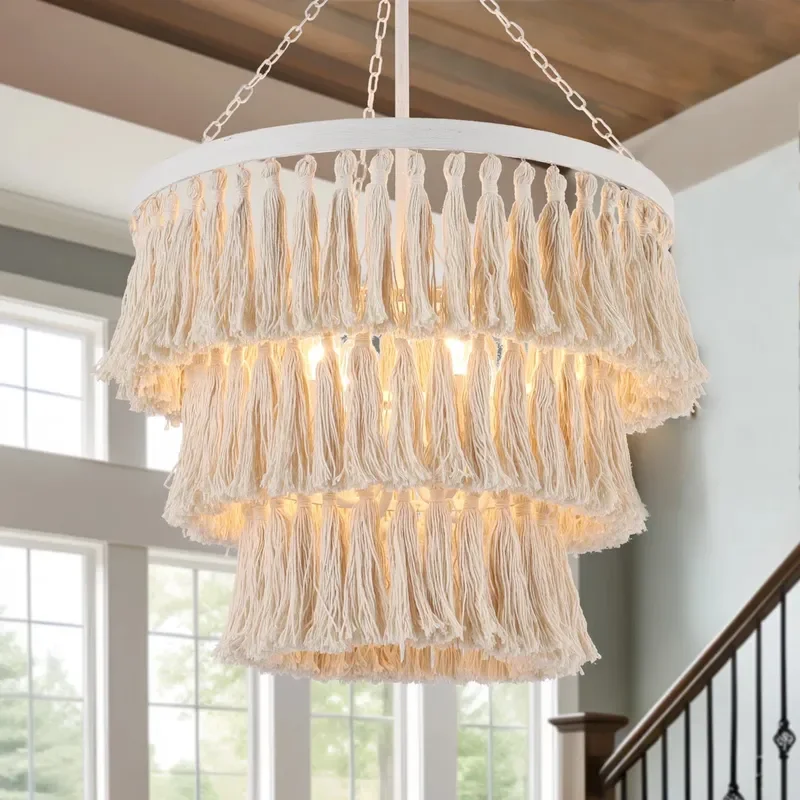 Boho 3 Tier Fringe Chandelier Handwoven Cotton Shade Nordic Pendant Light for Bedroom Dining Room B&B Decor