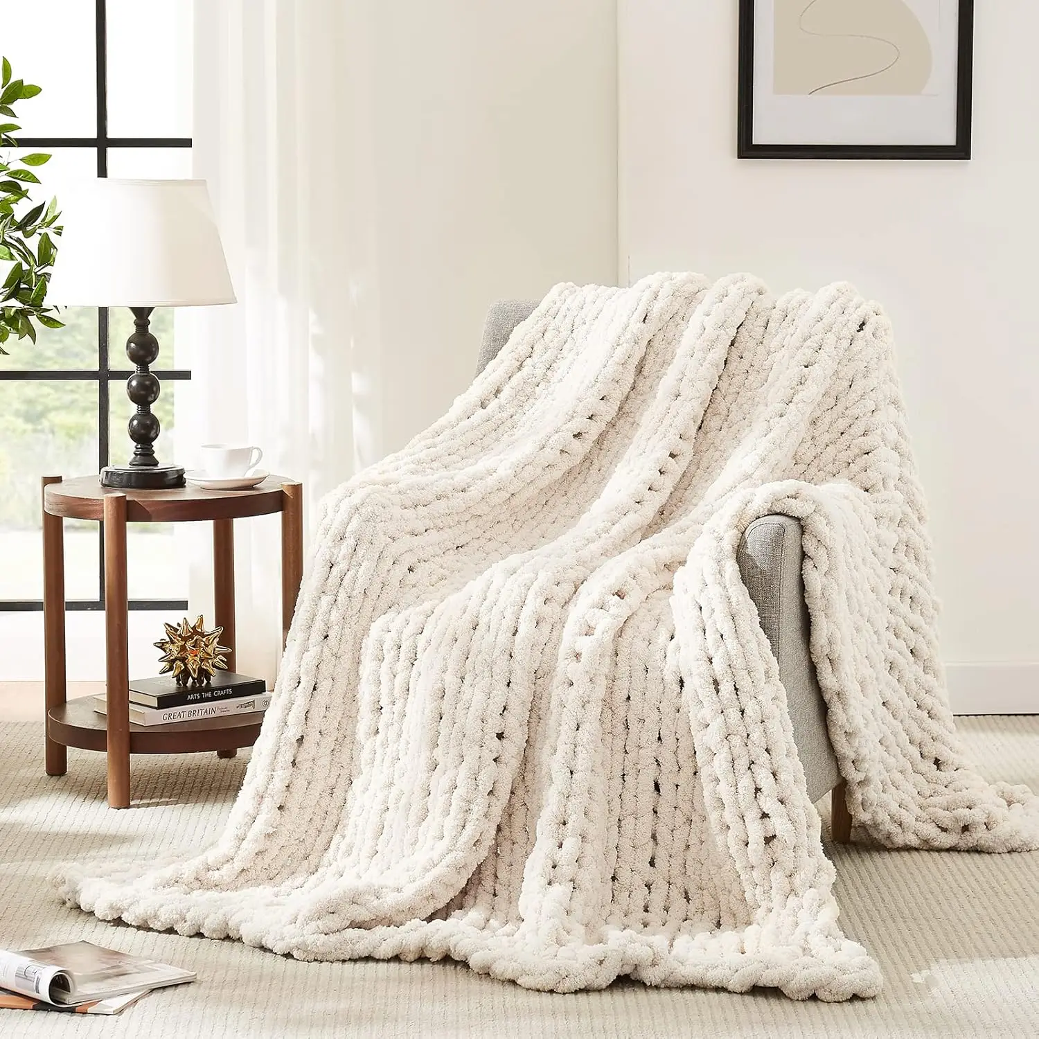 

Chunky Knit Blanket Throw,Soft Chenille Yarn Throw 50x60，Handmade Thick Cable Knit Crochet Blanket