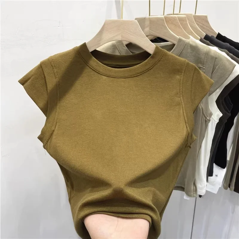 American Style Soft Cozy Fly Sleeve T-Shirt Women Summer Design Unique Sleeveless Vest Inner Wear Base Shoulder Top Trendy