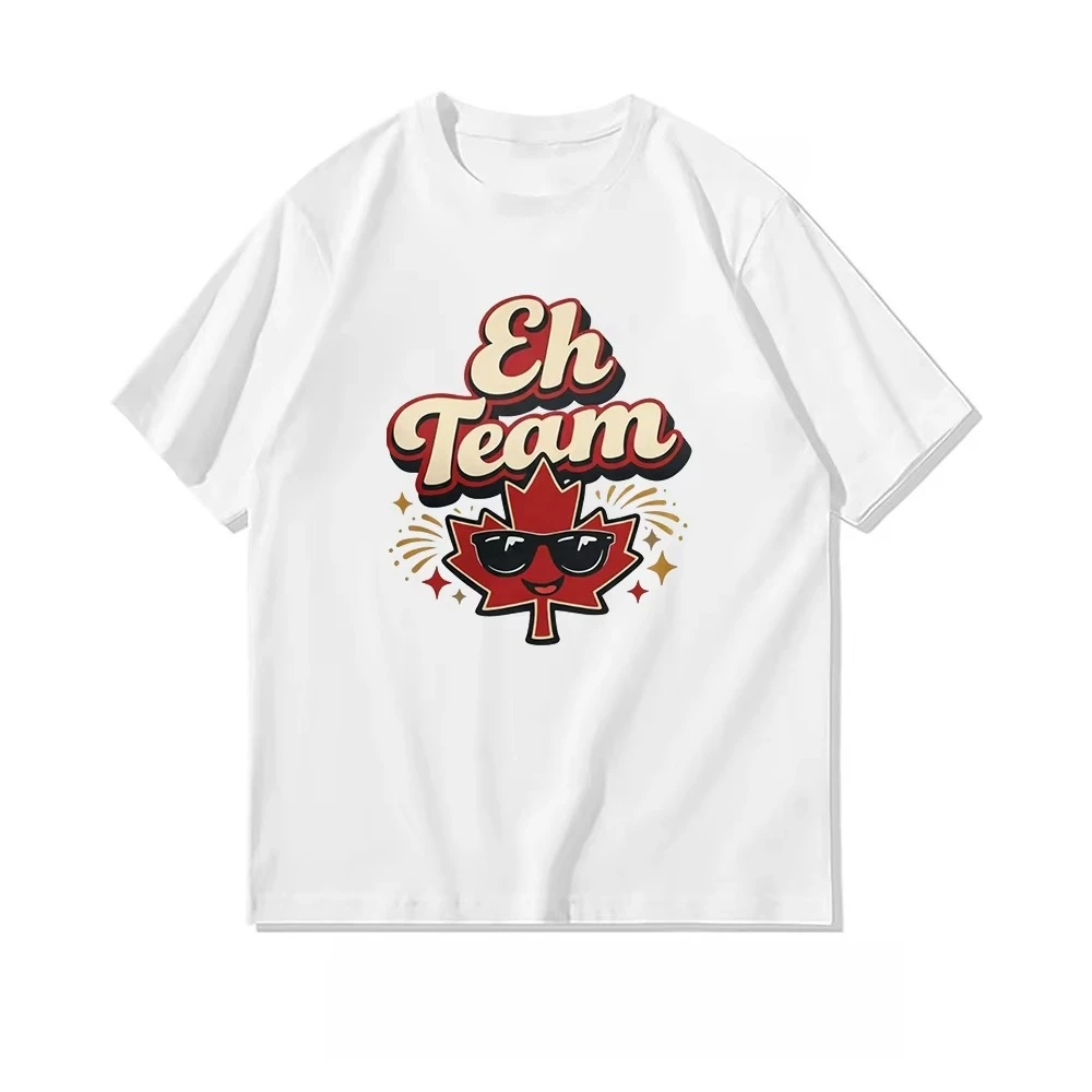2026Cute Maple Leaf Graphic Printed Short Sleeve,Retro Bubble Letter Tee With Cartoon Canada Maple Wearing Sunglasses For Adults