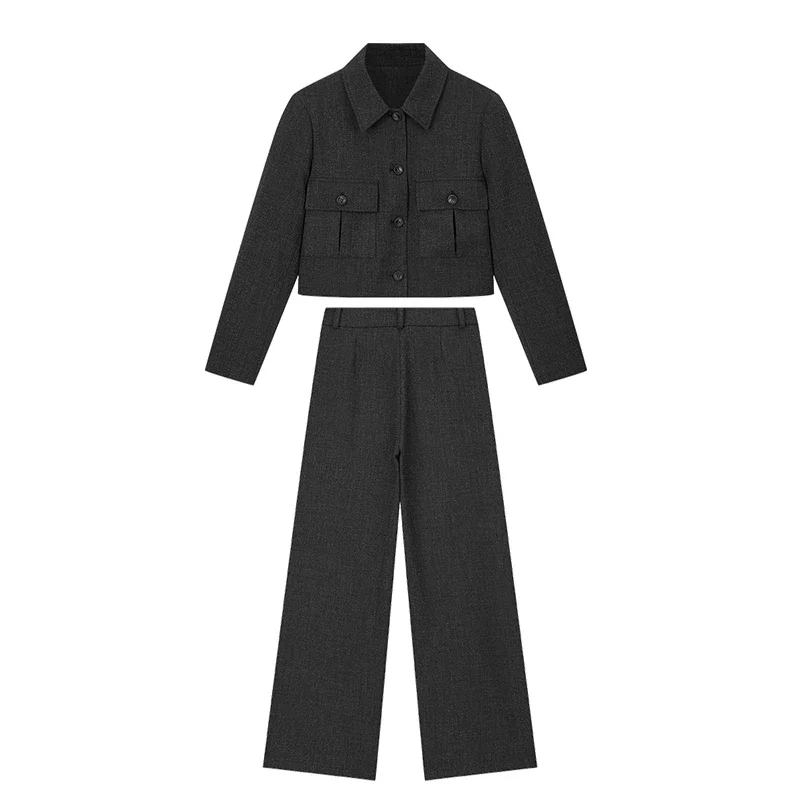 VIMLY Grey Womens 2 Piece Outfit Set Lapel Short Jacket Full Length Wide Leg Pants 2025 Autumn Casual New in Matching Sets M5788