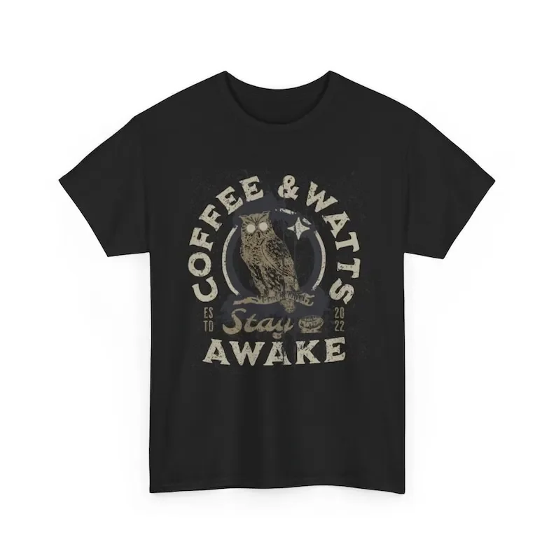 

Coffee and Alan Watts Stay Awake Graphic T-Shirt - Inspirational Philosopher Unisex Black Tee - Zen Fashion Gift