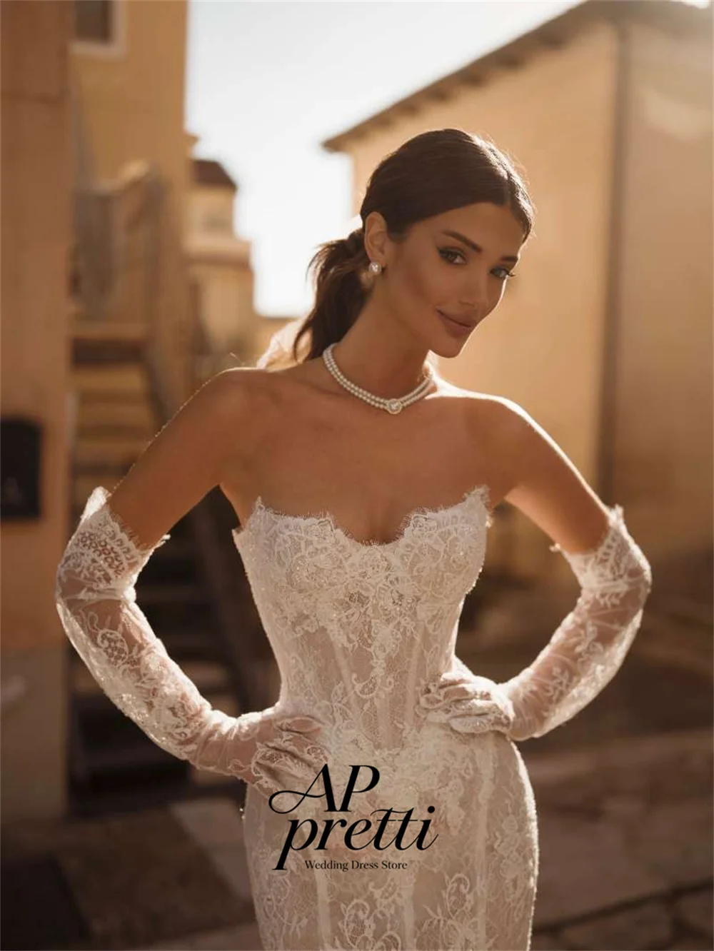 AP pretti Dreamy Sweetheart Collar Detachable Lace Glove Bridal Gown Customized Detachable Train Wedding Dresses For Woman