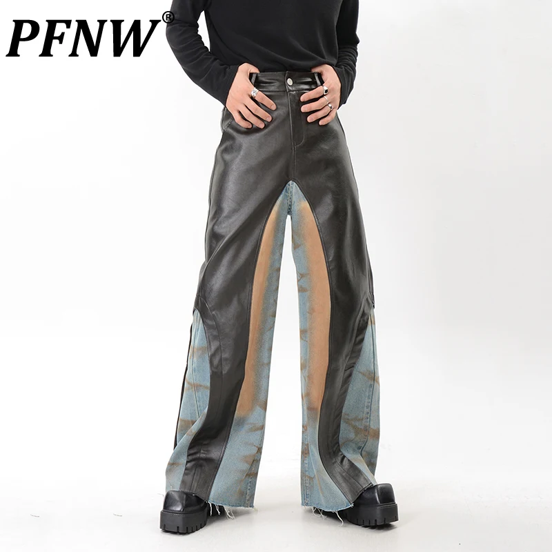 PFNW Deconstructed Distressed Pu Leather Spliced Jeans Men's Design Mud Dyed Wide Leg Trailing Raw Edge Leather Pants Spring New