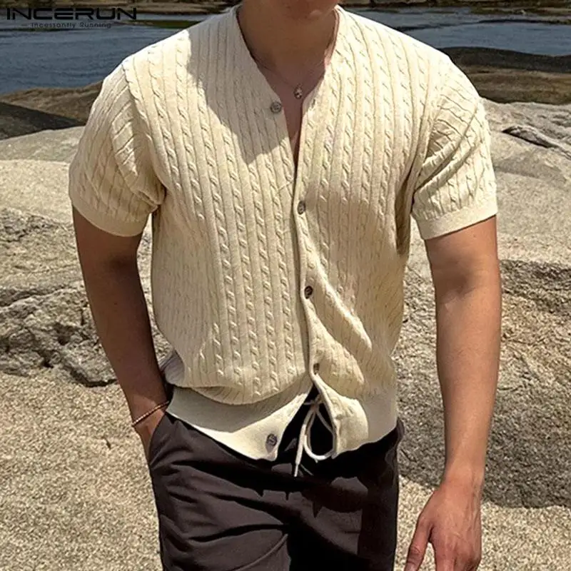 INCERUN Men Shirt Solid Color V Neck Short Sleeve Streetwear Summer Men Clothing Korean Style 2024 Knitted Fashion Male Shirts