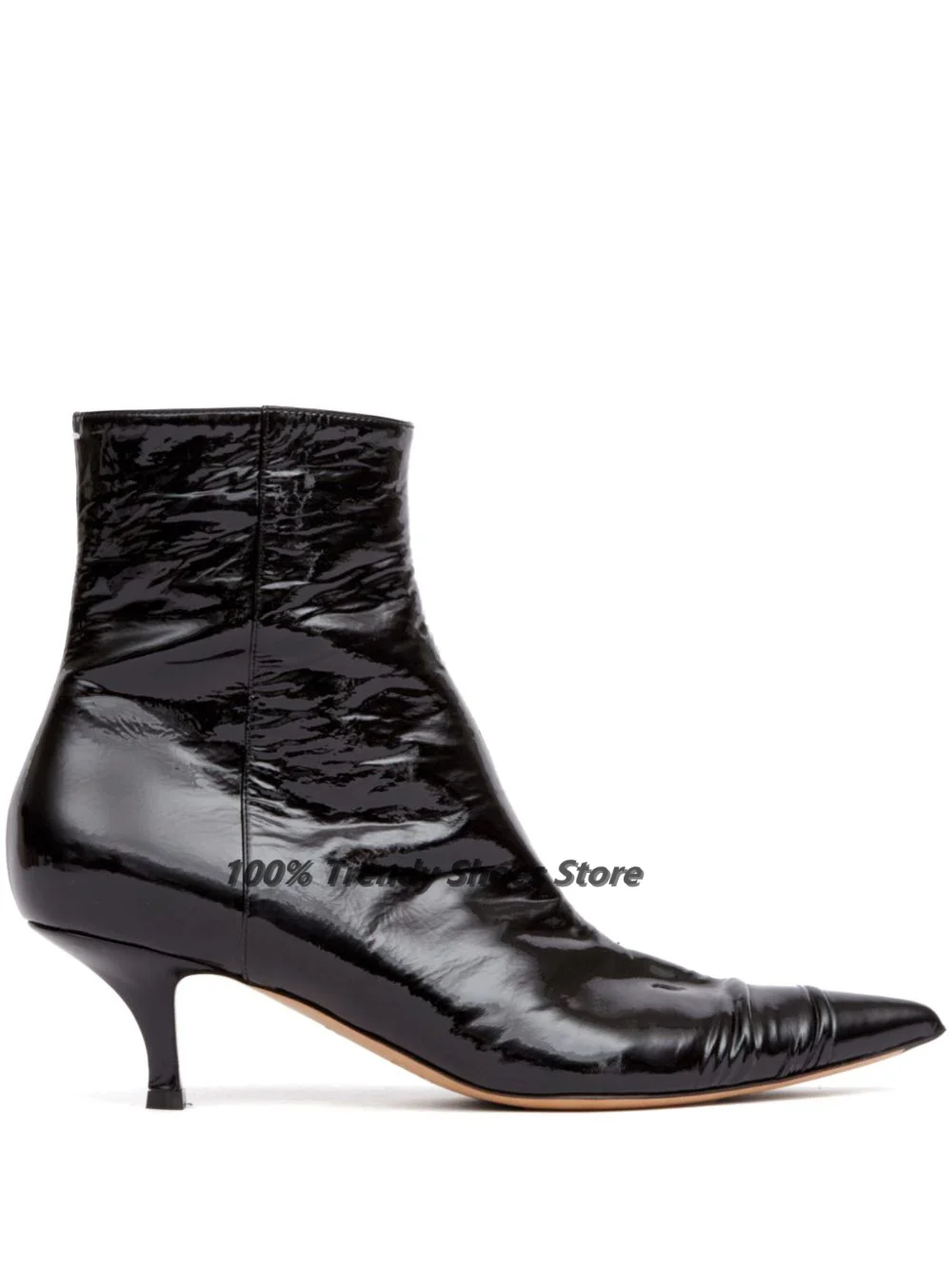 

Hot Selling Shiny Leather Pointed Pleated Low Heel Short Boots In Europe and America New Fashionable Runway style women