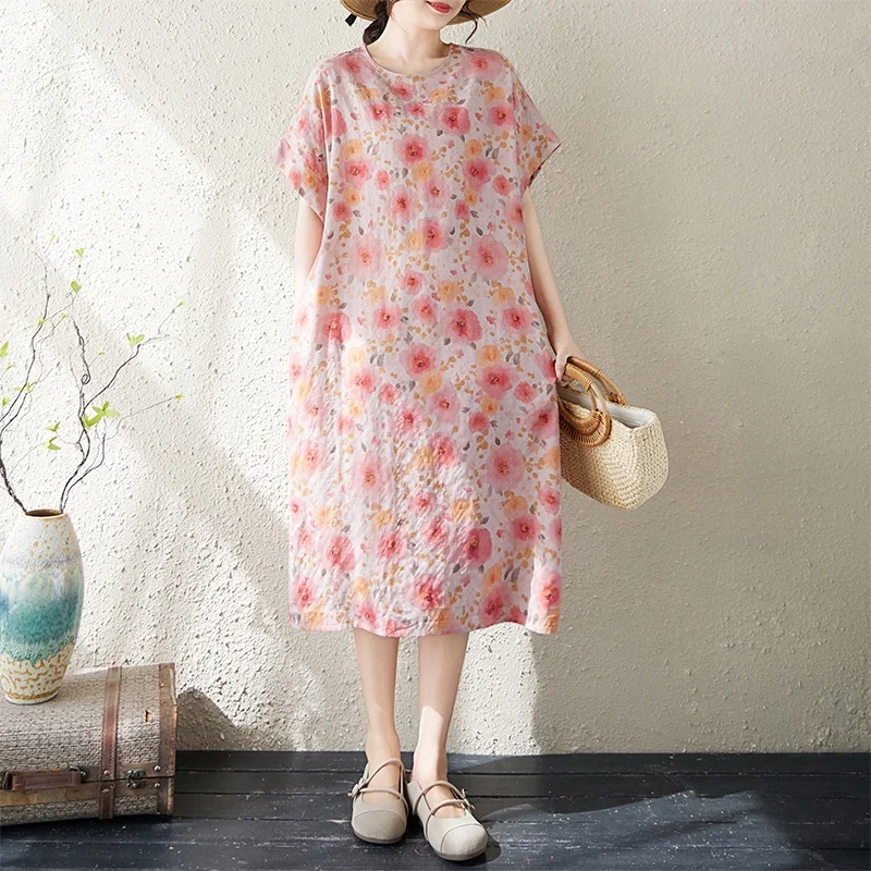 

Summer New Style Thin Cotton Linen Print Dress Women's Elegance over Knee mid Length Short Sleeve Dress Artistic Style City Walk