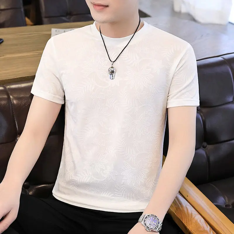 2024 Summer New High End Ice Silk Short Sleeved T-shirt Men\'s Korean Edition Simple Bottom Shirt Trendy Fashion Casual Top