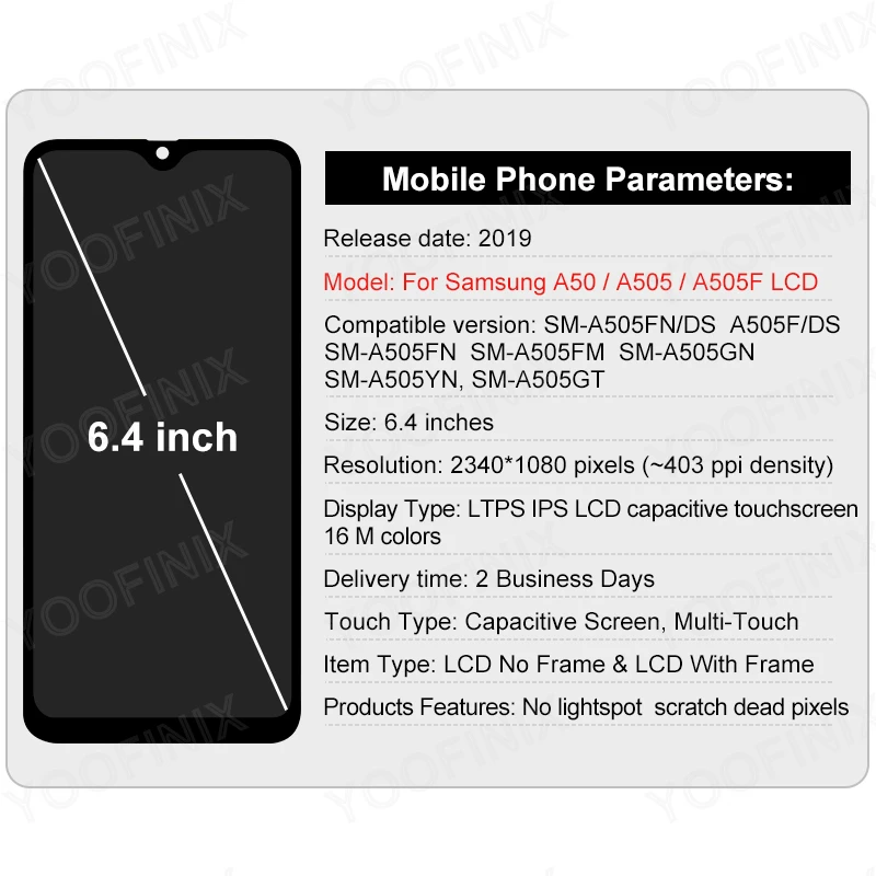 AMOLED A505F For Samsung Galaxy A50 LCD Display A505 Touch Screen Digitizer For SM-A505F A505FN A505GN LCD Replacement Parts