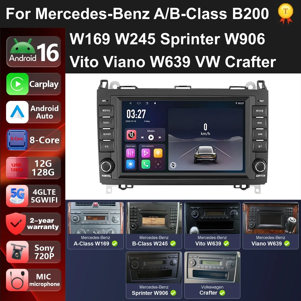 Android 16 2Din Car Radio Android For Mercedes Benz AB Class B200 W169 W245 W906 Sprinter W639 Vito Viano Multimedia Navigation