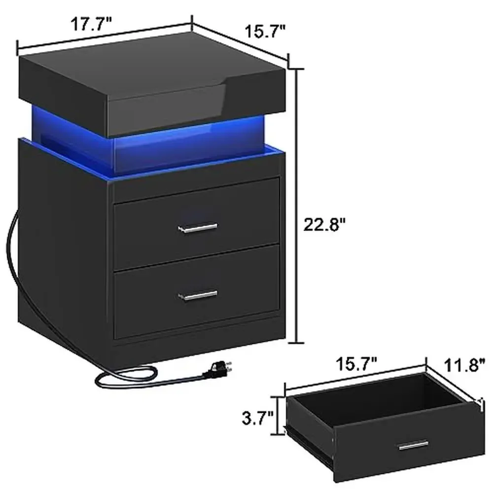 LED Nightstand Charging Station 2-Drawers High Gloss Bedside Table Modern End Black Hidden Storage Groove For Remote Control