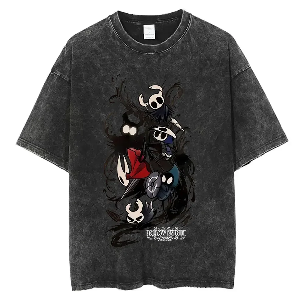 

Hollow Knight Character Ensemble T-Shirt: Vintage Charcoal Base with Game Core Characters & Dark Fantasy Visual Design Fan Merch