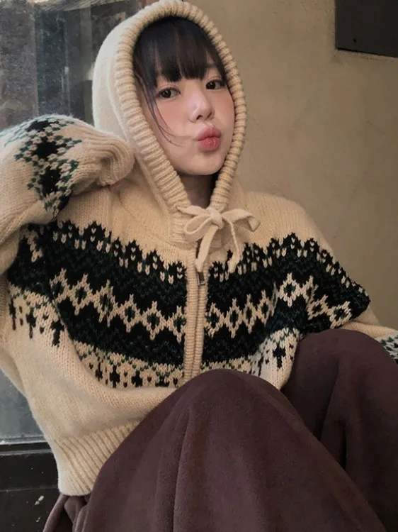 

Nordic Fair Isle Knitted Long Sve Women's Sweater Hooded Cardigan Versatile Agel Knitwear Outerwear for Winter Season
