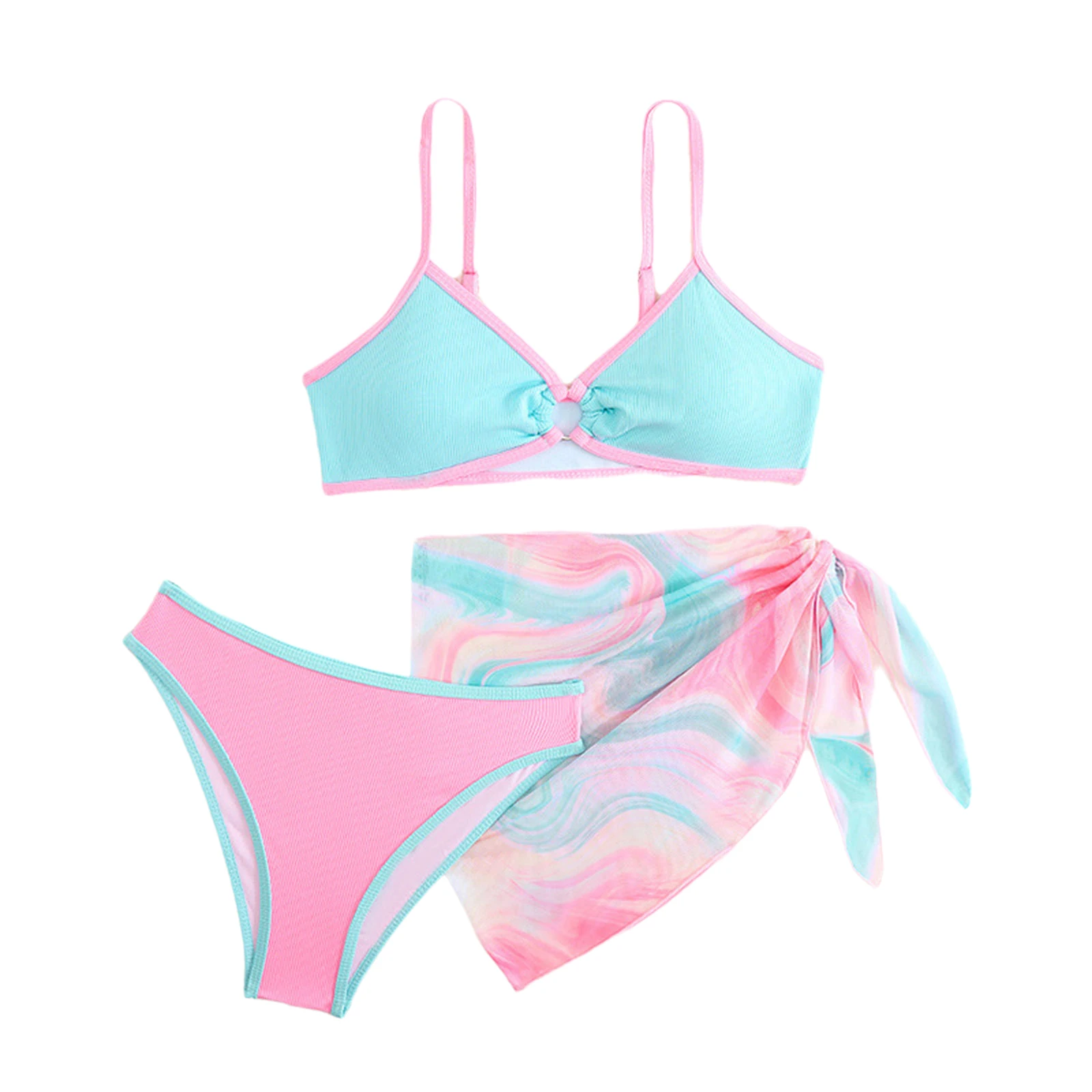 

Girls 3Pcs Summer Bikini Beachwear Cover Up Mesh Skirt V Neck Front Chest Pads Swimsuit Sweet Bathing Suit Pool Party Swimwear