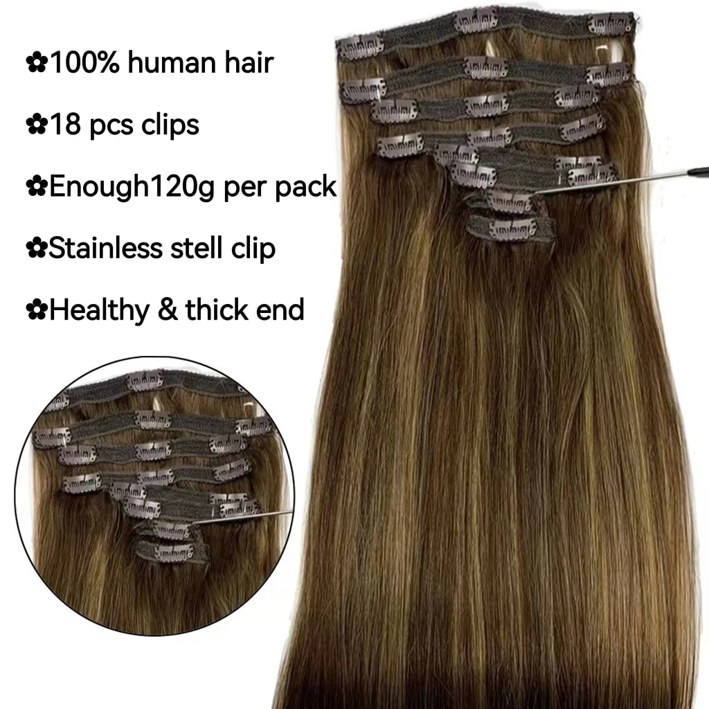 Extensiones de cabello humano con Clip, 8 unids/set, 8 unids/set/juego #4/27, Color de resaltado, pelo Remy de 8-26 pulgadas, 120G