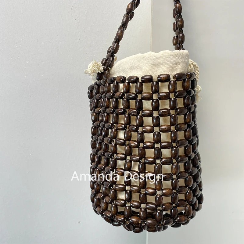 

Canvas Inner Bag Portable Designer Handbags Women Fashion Bags Wooden Bead Bag Messenger Handmade Elegant 2024 Ladies Exquisite