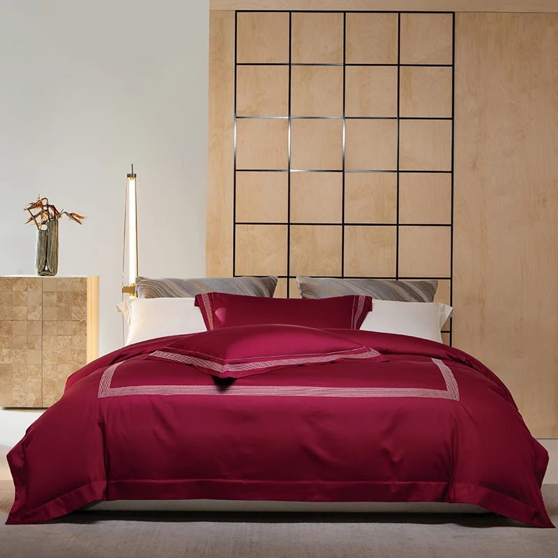 1000TC Egyptian Cotton Geometric Line Embroidery Luxury Bedding Set Duvet Cover Flat Sheet Pillowcases 4Pcs Hotel Bed Linen