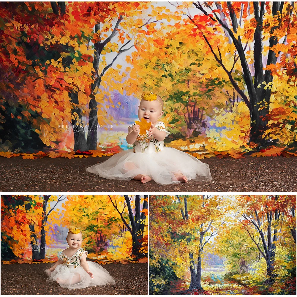 

Fall Golden Maple Forest Photo Background Oil Painting Autumn Photo Studio Props Kids Portrait Cake Smash Photography Backdrops