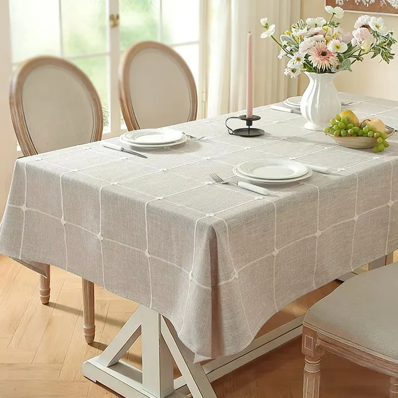 Rectangular Plaid Cotton Linen Table Cover, Wrinkle-free with Tassels for Kitchen & Dining Decoration