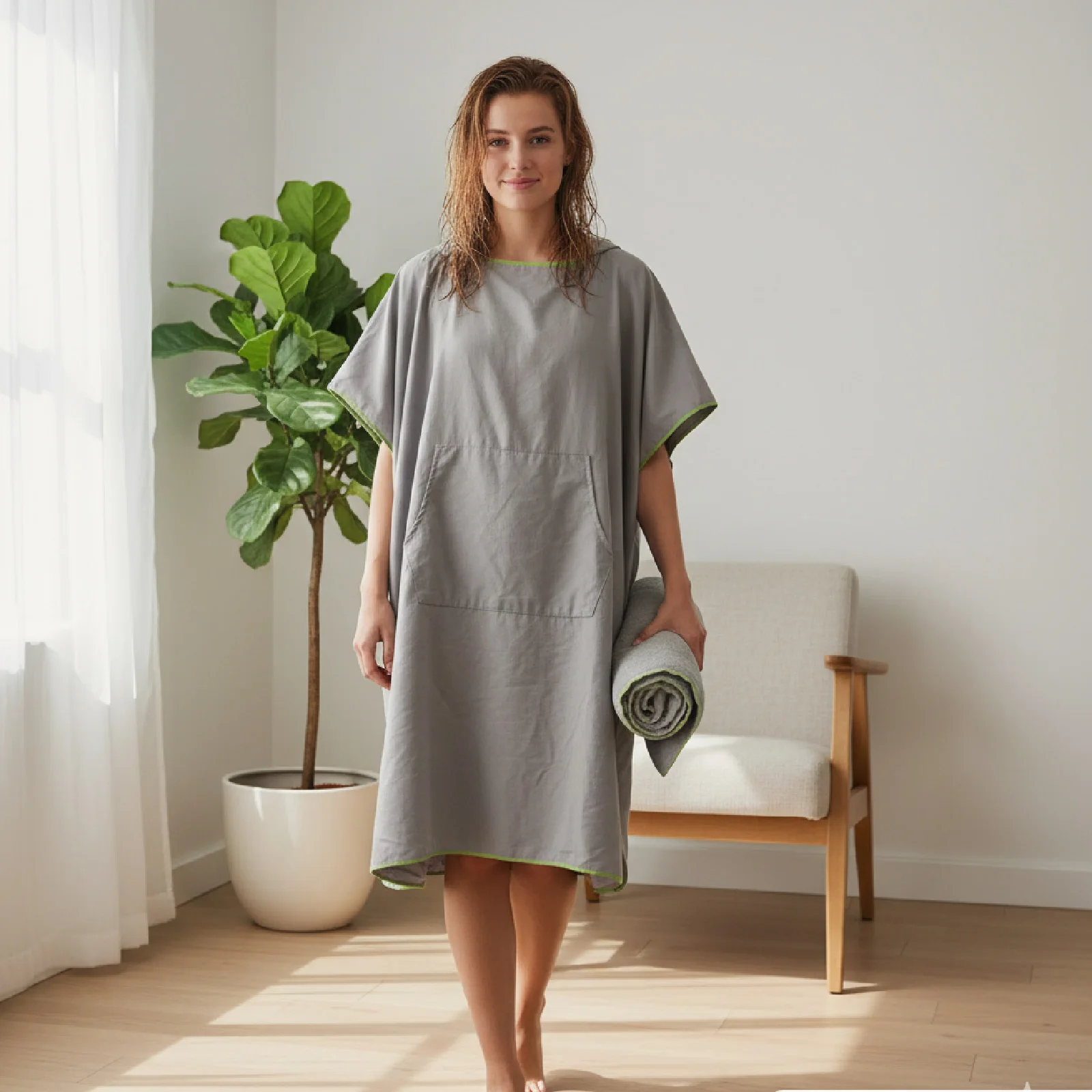 

Серое быстросохнущее пляжное пончо с карманами 90x110 см - легкое солнцезащитное пончо, полотенце для серфинга, халат для переодевания, пляжная накидка большого размера