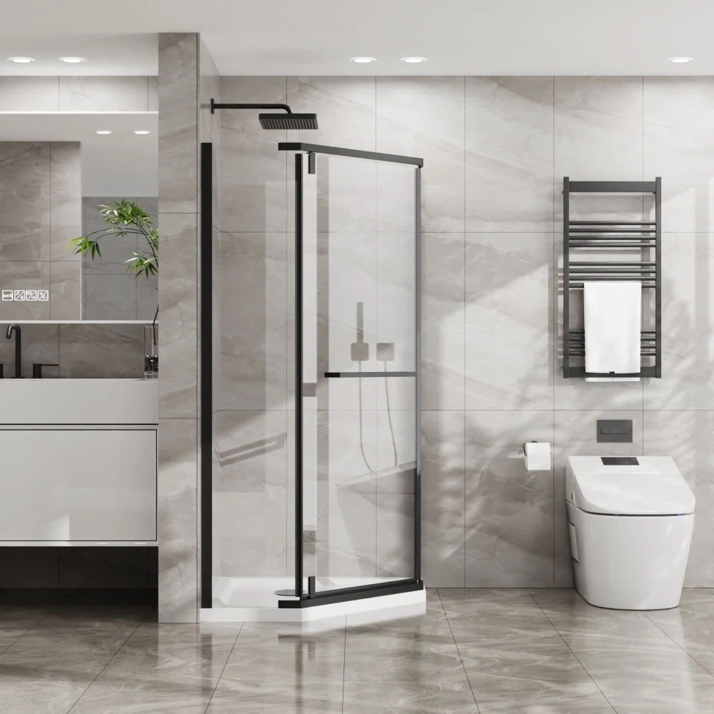 

Goodyo Neo-Angle Frameless Corner Shower Door 36×36×72 White Acrylic Base Combo Matte Black