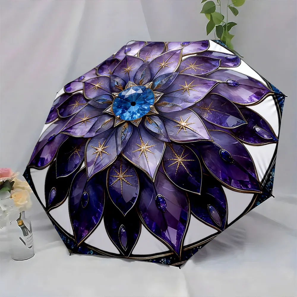 1PC Eye-Catching Umbrella with Jewel-Encrusted Petal Design Print 8 Iron Ribs Folding Umbrella Auto-Open Fashion Sunshade