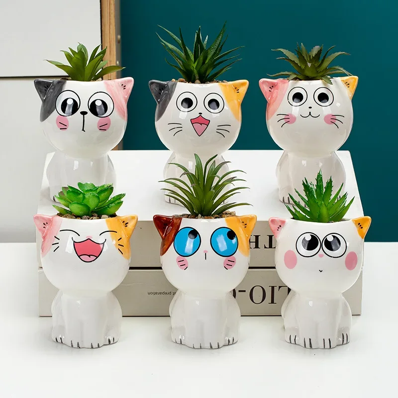 

Mini Cat Shaped Ceramic Flowerpot Cartoon Cute Hand Desktop Potted Expression Cat Plant Pot Desk Decorate Small Ornaments 2025