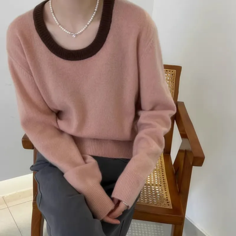 Spring And Autumn U-neck Wool Pullover Female Loose High-End Long-Sleeved Sweater Slim Knit Bottoming Shirt