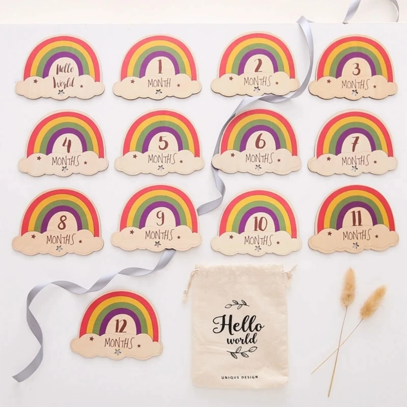 13pc Baby Regenbogen Meilenstein Nummer monatliche Gedenk karten Neugeborene Holz gravierte Alter Fotografie Zubehör Geburts geschenk