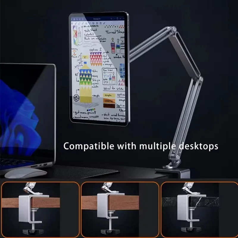 Desk Bed Tablet Stand Adjustable for 4-12.9 Inches Mobile Phones Tablets Aluminum Arm Mount Support for iPad Pro Mini Xiaomi Tab