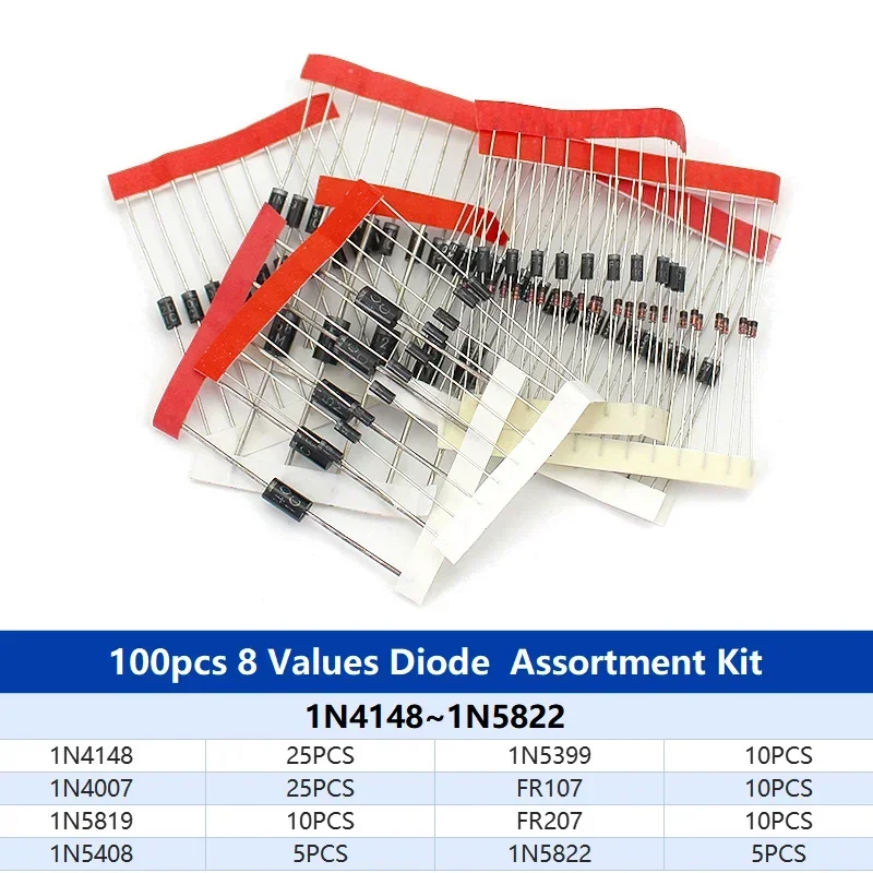 100/200PCS Rectifier Diode Resistor Kit 1N4001 1N4004 1N4007 1N4148 1N5408 1N5819 1N5822 1N5404 FR107 FR207 Schottky Diode Kit