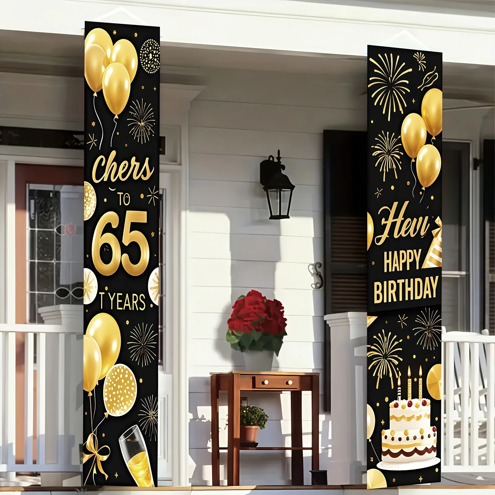 1 Pair of Happy 65th Birthday Themed Decorative Couplets (11.8 X 70.8 Inches/30 X 180 cm), Polyester Material, Suitable for Indo